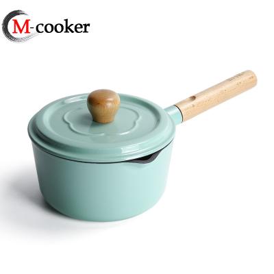 China New Type Sustainable Enameled Round Cast Iron Pan With Wooden Handle for sale