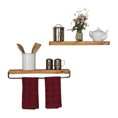 China (Other) Rustic Solid Wood Storage Shelf 2 Adjustable Floating Shelves Wall Mounted Set With Towel Rack For Bathroom for sale