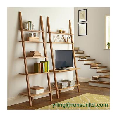 China (Others) DIY Adjustable Rustic Wooden Furniture Leaning 5 Layer Ladder Wall Shelf Shoe Bookcase Storage for sale