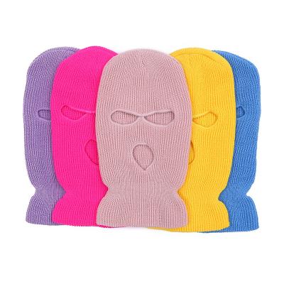 China Custom Logo 3 Ski Mask Beanie Balaclava Hat Knitted Pure Color Embroidery Holes Wholesale COMMON for sale