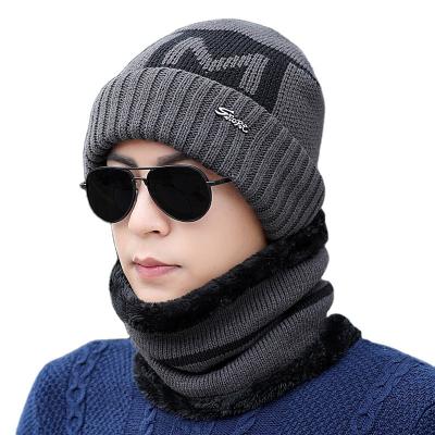 China COMMON Thick Plush Fleece Knitted Winter Hat And Scarf Set Men Women Ski Warm Neck Winter Wool Hat for sale