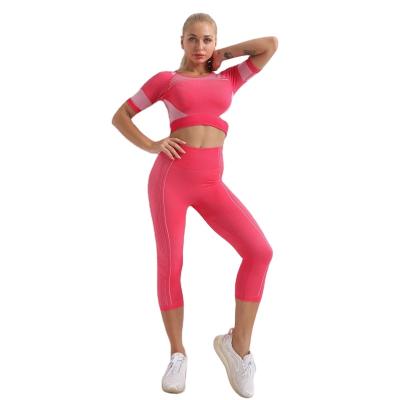 China 2021 Gym Lifting Fitness Gym Buttocks Hollow-out Breathable Sets Belly Tightening Fitness Yoga Set With Cropped Pants for sale