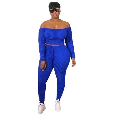 China Breathable Knitted Skinny Long Sleeve Off The Shoulder Crop Top Long Pants 2 Piece Set Yoga Wear Plus Size for sale