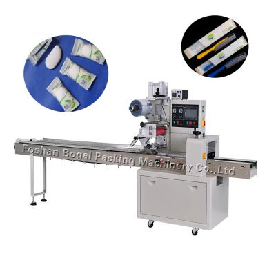 China Double Motors Converter Horizontal Flow Wrap Machine / Rotary Up Pillow Packaging Machine for sale