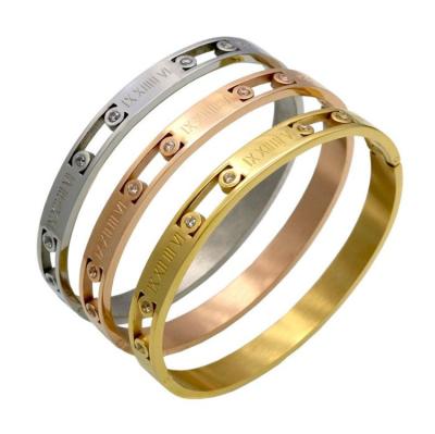 China Retro Design Titanium Steel Roman Numeral Bangle Zircon Buckle Bracelet Lead Free Nickel Free For Women for sale