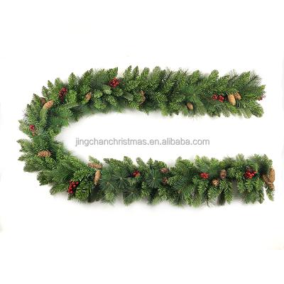 China Christamas Home Decoration 2021 Hit Amazon 9ft PE PVC Mixed Pine Needle Christmas Wreath with Pinecones and Red Berry for Home Ornaments for sale