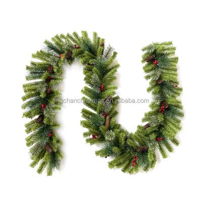 China Christamas Home Decoration 2021 New Products Amazon 9ft PVC Mixed Frosted Pine Needle Christmas Wreath with Pinecones and Red Berry for Home Decor for sale