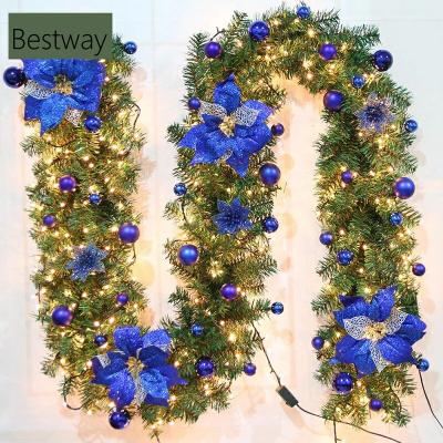 China 2021 Artificial New Products Amazon Christmas Christamas Home Decoration PVC Green Christmas Wreath with Blue Flowers and Christmas Ball for Christmas Ornaments for sale