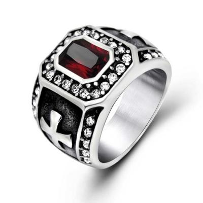 China Vintage Inlay Mens Gothic Stainless Steel Band Ring with RED Cubic Zircon (SA566RED) for sale