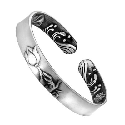 China Adjustable Retro Sterling Silver Cuff Bracelet Engraved Flower(XH056244W) for sale