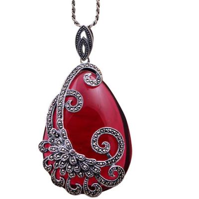 China 925 Silver Drop Shape Synthetic Garnet Marcasite Retro Pendant Necklace (N20180410RED) for sale