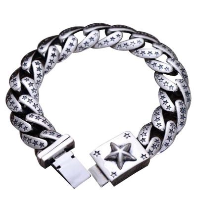 China Sterling Silver Heavy Chunky Cuban Curb Link Engraved Stars Mens Bracelet (058880) for sale