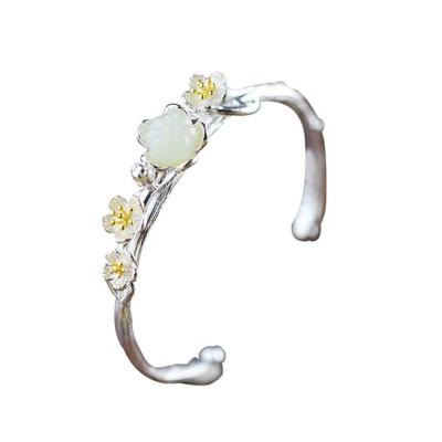 China Sterling Silver Natural Jade Culptured Flower Gold Plated Women Bracelet(049924) for sale