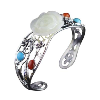 China Women 925 Sterling Silver Sculptured White Jade Cuff Bracelet(059489) for sale