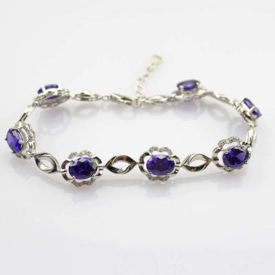 China 925 Silver 6x8mm Oval Created Amethyst and Clear Cz Diamonds Link Bracelet (H03) for sale