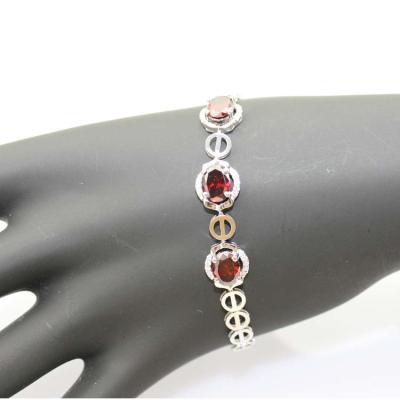 China 7x9mm Oval  Created Garnet and Clear Cubic Zircon 925 Silver Chain Bracelet (H05) for sale