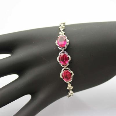 China Fashion Jewellery Silver Link Bracelet with 7x9mm Created Ruby and Clear Cubic Zircon(H13) for sale