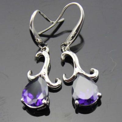 China Sterling Silver 7mmx9mm Pear Shape Amethyst Cubic Zircon Dangle Earrings (PSJ03495) for sale