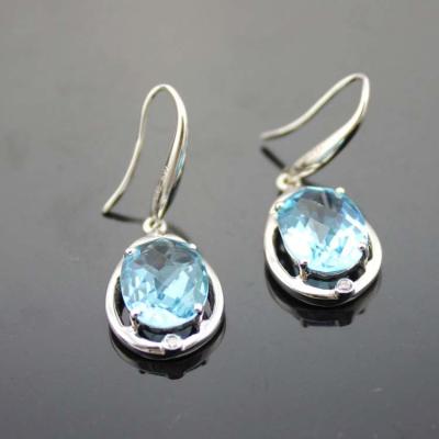 China 925 Sterling Silver Oval Blue Topaz Cubic Zircon Dangle Earrings (PSJ04195) for sale