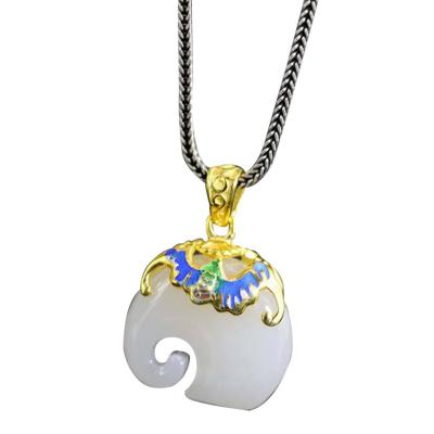 China Gold Plated 925 Silver Enamel White Jade Elephant Pendant Necklace Silver Wheat Chain (DZ011124) for sale