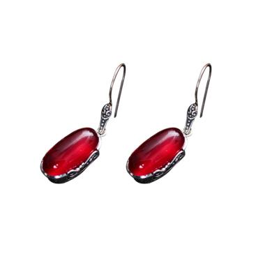 China Sterling 925 Silver Retro Oval Synthetic Ruby Drop Dangle Earrings (049012) for sale