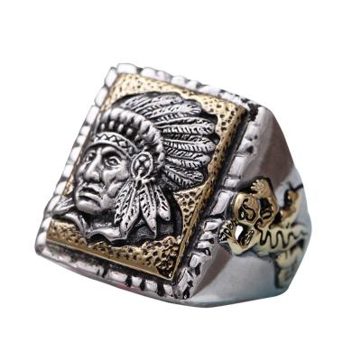 China Men Antique Indian Chief 2 Tone Golden Sterling Silver Ring (058843) for sale