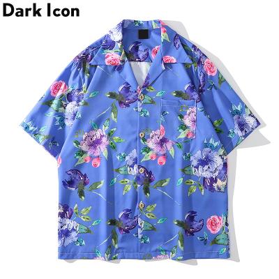 China Fashion Blue Floral Men's Streetwear Men's Shirt Blue Purple White Hawaiian Shirt Breathable Summer Man Blouse for sale