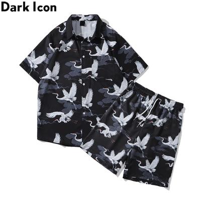 China Plus Size Crane Printing Sets Men Hawaii Shirt Shorts Turn-Down Casual Collar Floral Short Sleeve Shirt Beach Suit for sale