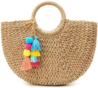 China Multifunctional Women's Large Summer Straw Beach Tote Bag Hobo Handwoven Bags Pinch With Pom Poms Straw Bags for sale