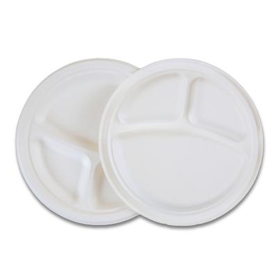 China Soak proof/Mmicrowave safe/Cut Resistant 3-Compartment Compostable Round Plates 9 Bagasse Sugarcane Paper Plates for sale