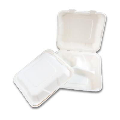 China Soak proof/Mmicrowave safe/Cut Resistant Clamshell 3-Compartment Compostable Takeaway Food Boxes 800Ml Food Disposable 100% Biodegradable Lunch Box for sale