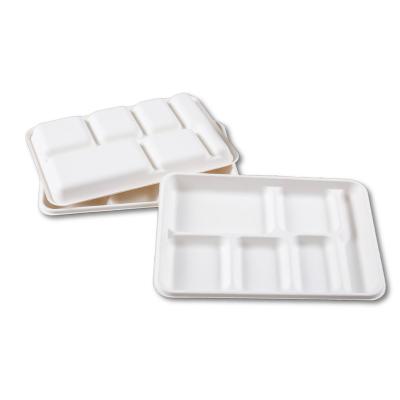 China Soak proof/Mmicrowave safe/Cut Resistant 6-Compartment Compostable Tray Plate Sugarcane Bagasse Biodegradable Food Container for sale