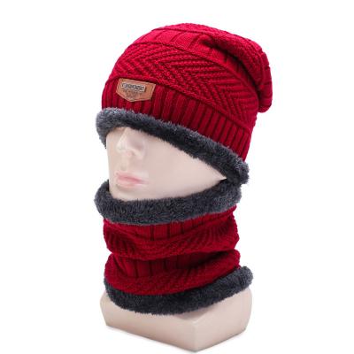 China COMMON Winter 2-Pieces Thick Knitted Hat Bib Set With Fleece Striping Slouchy Warm Knit Skull Cap Fleece Beanie Hat For Man for sale