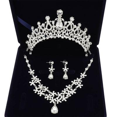 China Round Circle Crown Rosa Bessie Most Popular Alloy Rhinestone Silver Queen Crown Necklace Earring Bridal Wedding Jewelry Set for sale