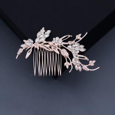 China Fashion bridal hair jewelry gold color alloy magnolia design hair comb wedding luxury pink hair jewelry for sale