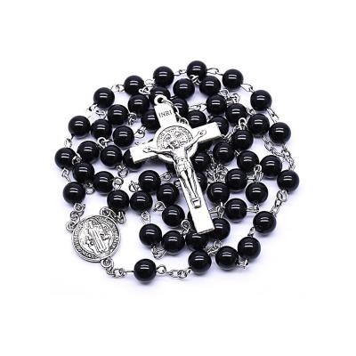 China Religious Fashion Chain Jewelry For Men's Black Beads Rosary Necklace Rosary Baptism Cross Necklace for sale