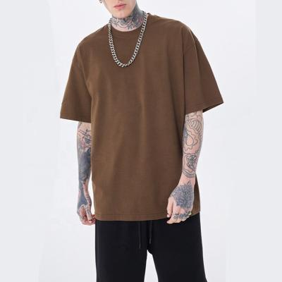 China High Quality Oversized Brown White T-shirt Anti-Wrinkle Streetwear Tee Cotton Solid Color Heavy Drop Shoulder T-Shirt for sale