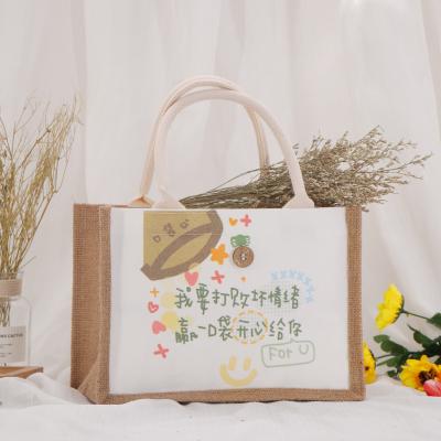 China Environmental Eco Friendly Burlap Fabric Custom Printed Logo Natural Recycled Burlap Grocery Beach Foldable Jute Burlap Pouch Tote Shopping Bag for sale