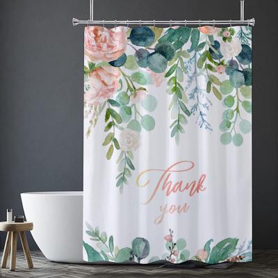 China Sustainable Flowers Pink Green Leaves Waterproof Polyester Fabric Bath Shower Curtains With 12 Hooks for sale