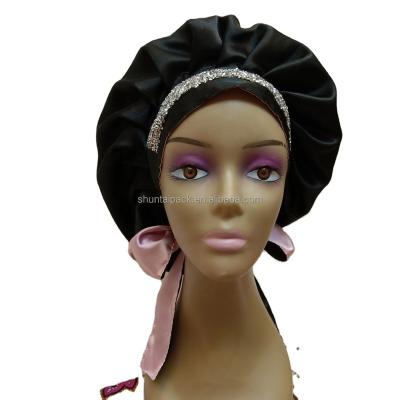 China Eco-Friendly Long Soft Wide Band Rhinestone Headwrap Double Layers Silk Satin Braids Hair Bling Knotless Cowl for sale