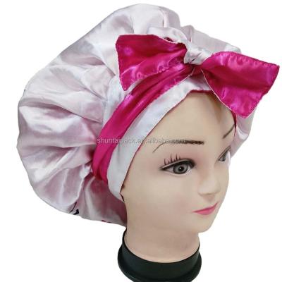 China Custom Logo Long Women Hair Cap Double Layer Sleep Band Multifunctional Adjustable Wide Brim Night Hat Silk Hair Wraps Braid Satin Hood With Tie for sale