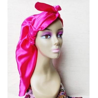 China Luxury Eco-Friendly Turban Slap Hugged Long Twist Braids Sleep Hat For Women Silk Satin Tie Headwrap Cowl for sale