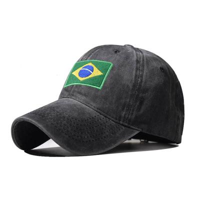 China 6-Panel Hat Unstructed 6 Panels Soft Washed Logo Vintage Washed Baseball Cap Cotton Material Brazil Flag for sale