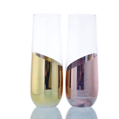 China Wine Colored Champagne Glasses Flutes Swollen Stemless for sale