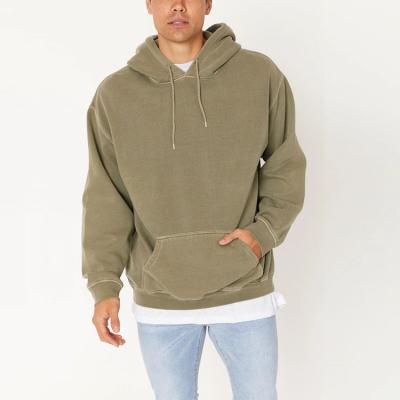 China Anti-Wrinkle Hip Hop With Fleece Mens Hoodies Sweatshirt Solid Olive Pullover Oversize Dropped Shoulder Heavy Hoodies For Men for sale