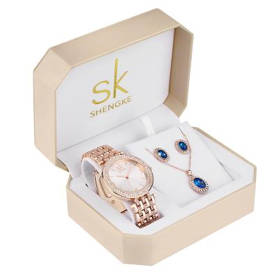 China Shengke Waterproof 001 Creative Women Set Crystal Earrings Necklce With Ladies Quartz Watch New SK Women Watches Set Gifts for sale