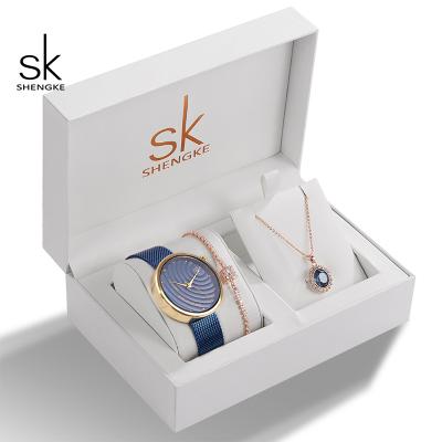 China Relogio Feminino Shengke Waterproof Watch Set Women Fashion Crystal Pendant Necklace Bracelet Jewelry Set Ladies Quartz Steel Watch for sale