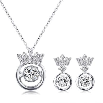 China S925 Female Korean High-end Two-piece Sterling Silver Sterling Silver Necklace Earrings Shine Bride Crown Smart Jewelry Set Wholesale for sale