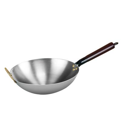 China Sustainable Chinese Wooden Uncoated Pot Restaurant Hotel Canteen Iron Handle Round Wok Bottom for sale