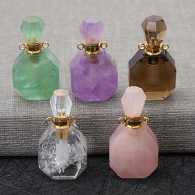 China Wholesale Cosmetic 20g Custom Design Natural Rock Pink Crystal Stone Hand Carved Empty Perfume Bottle Necklaces for sale